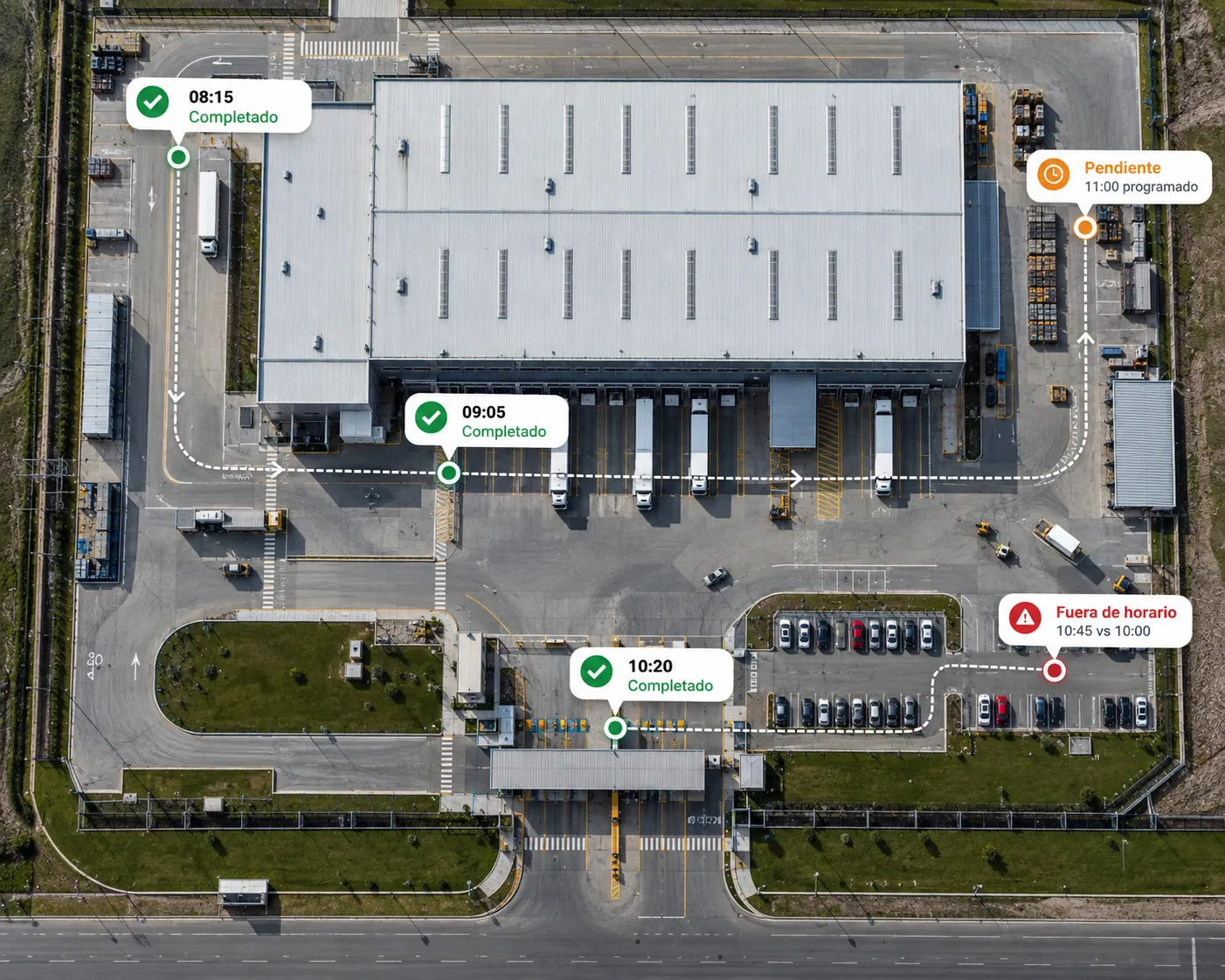Vista aérea de una instalación con puntos de control completados, pendientes y fuera de horario