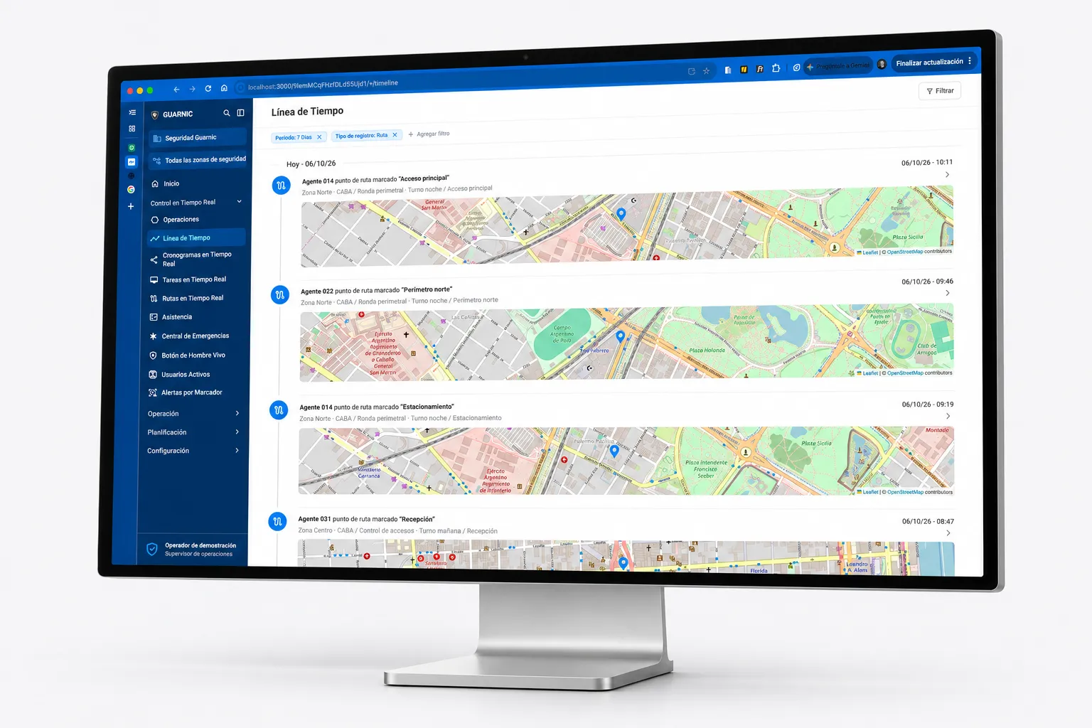 Monitor con una línea de tiempo de marcaciones y recorridos de ronda